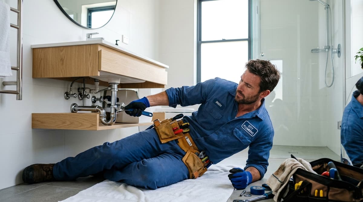 Plumber working on pipes